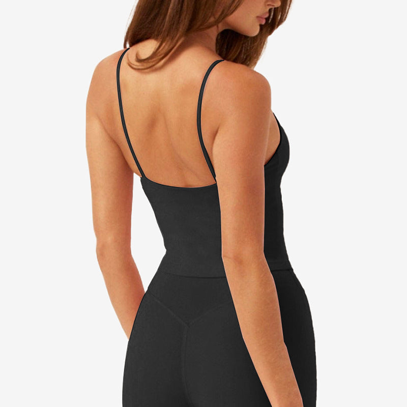Rivarie Arc V-Neck Tank Top displayed in black, featuring a fitted sleeveless design with a V-neck neckline.